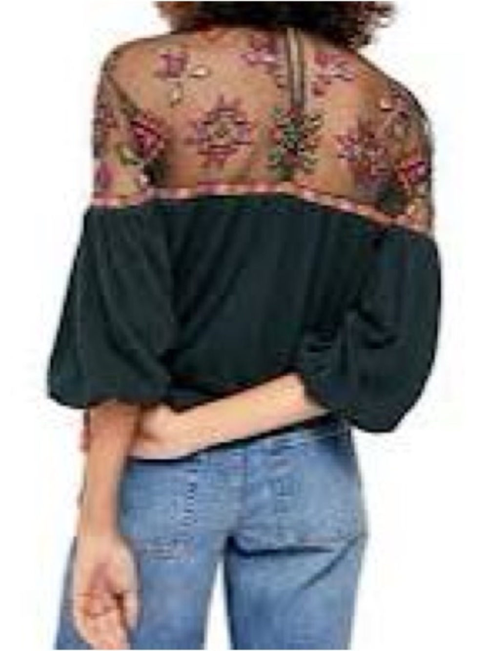 Free People Black Sheer Monday Morning Long Sleeve with Colorful Embroidery